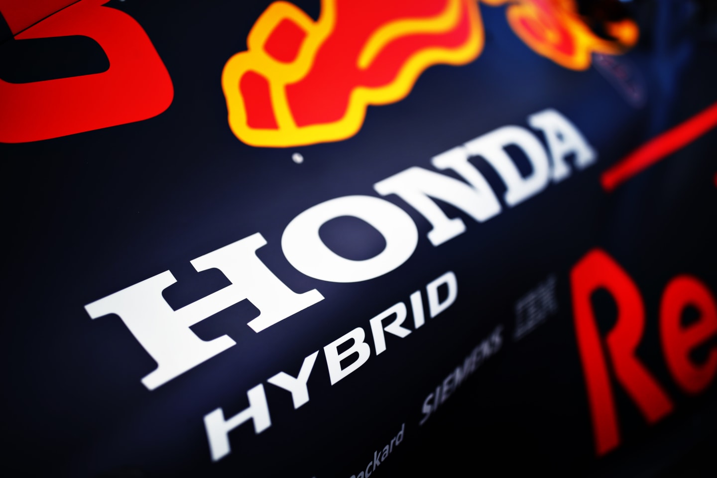 NORTHAMPTON, ENGLAND - JULY 30: Honda branding is seen on the Red Bull Racing RB16 during previews