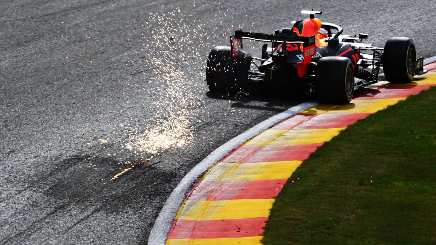 SPA, BELGIUM - AUGUST 28: Sparks fly behind Max Verstappen of the Netherlands driving the (33)