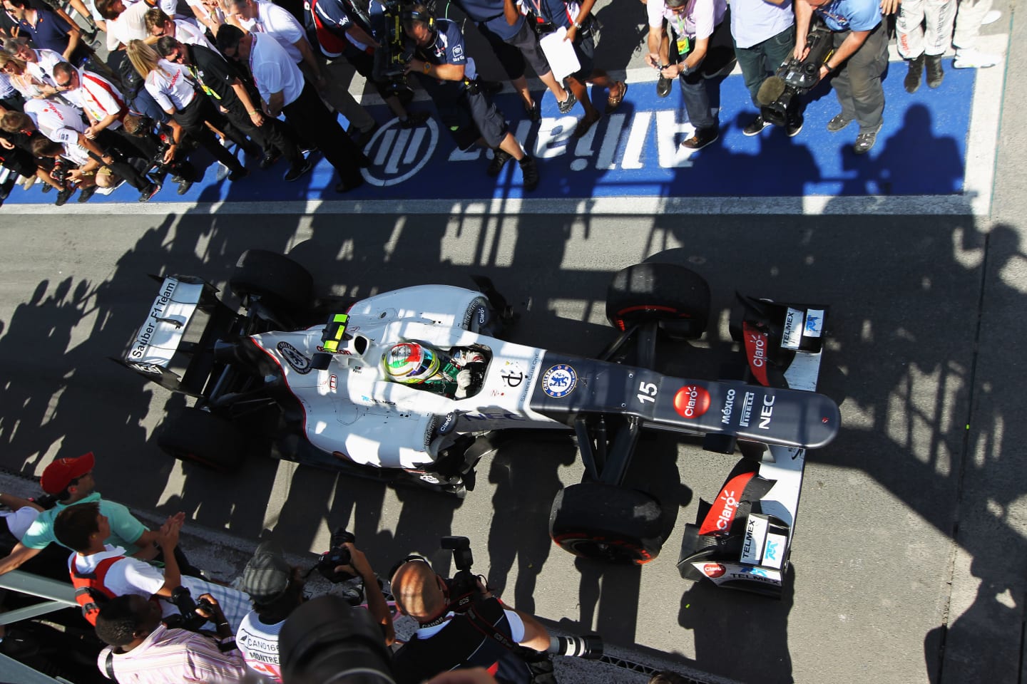 MONTREAL, CANADA - JUNE 10:  Sergio Perez of Mexico and Sauber F1 celebrates as he drives into parc