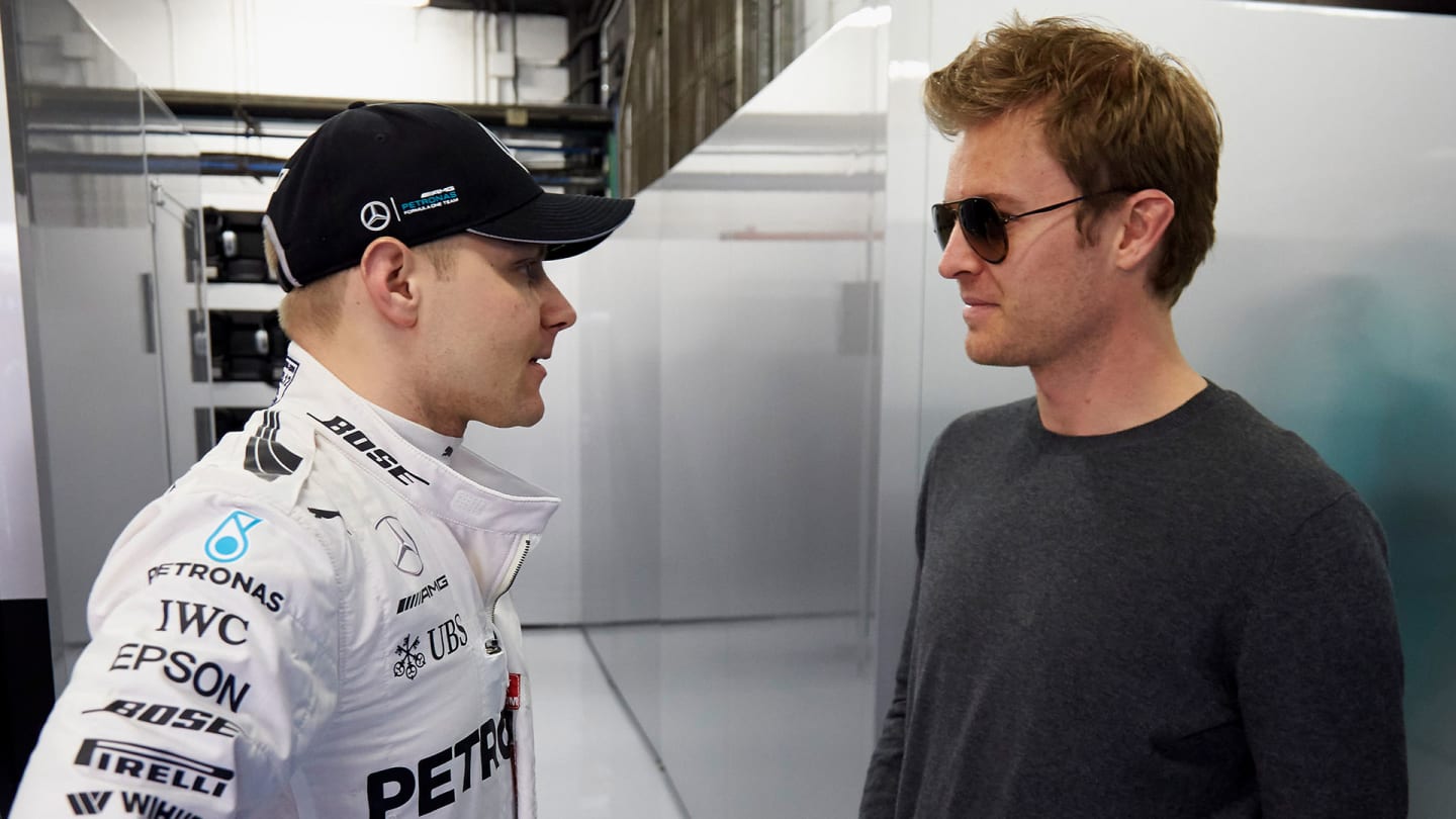 MONTMELO, SPAIN - MARCH 01:  2016 F1 World Drivers Champion Nico Rosberg talks with Valtteri Bottas