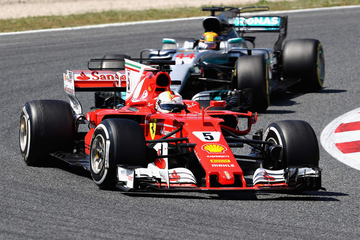 MONTMELO, SPAIN - MAY 14: Sebastian Vettel of Germany driving the (5) Scuderia Ferrari SF70H leads