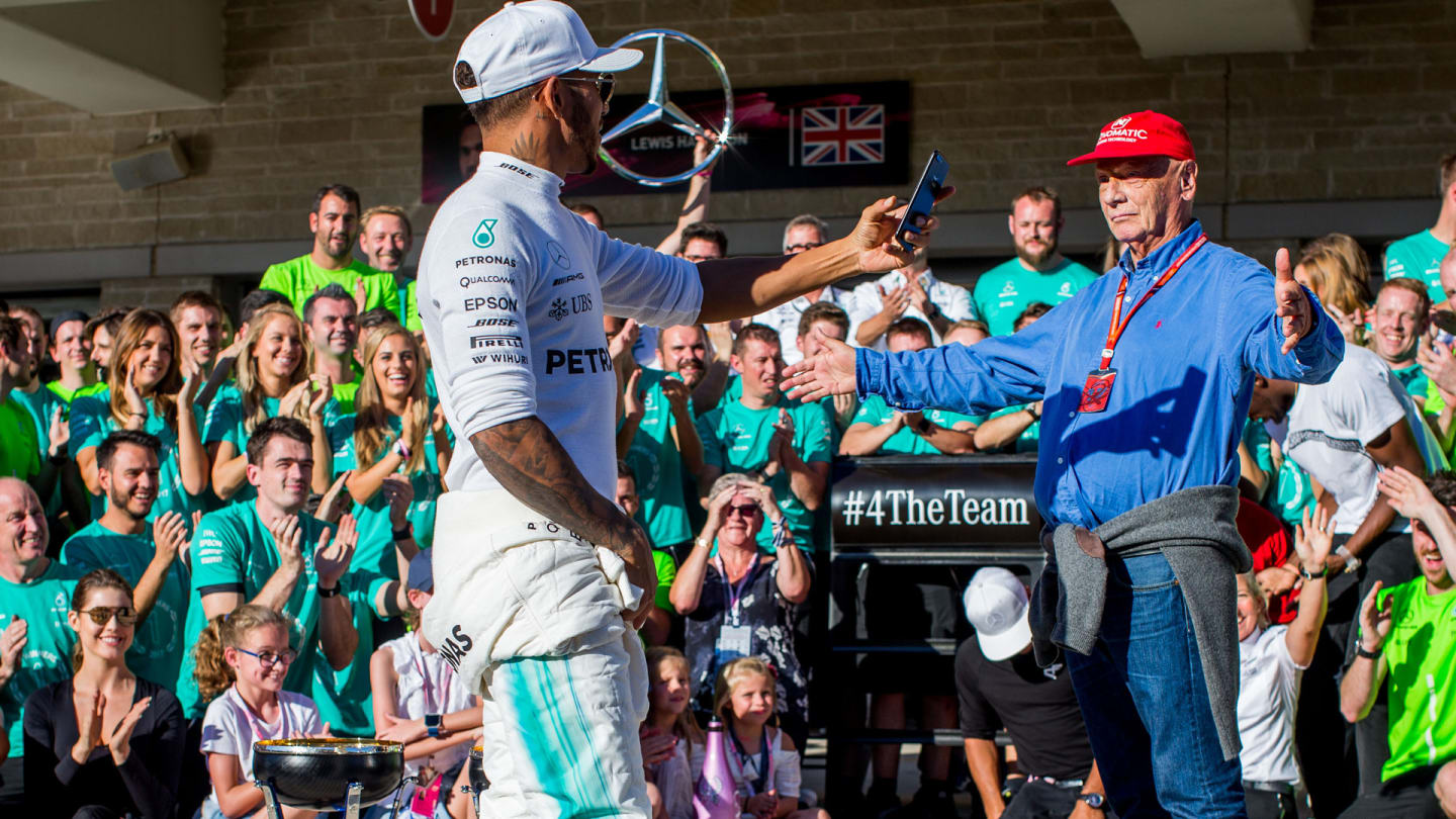 AUSTIN, TX - OCTOBER 22: Lewis Hamilton of Mercedes and Great Britain and Niki Lauda of Germany and
