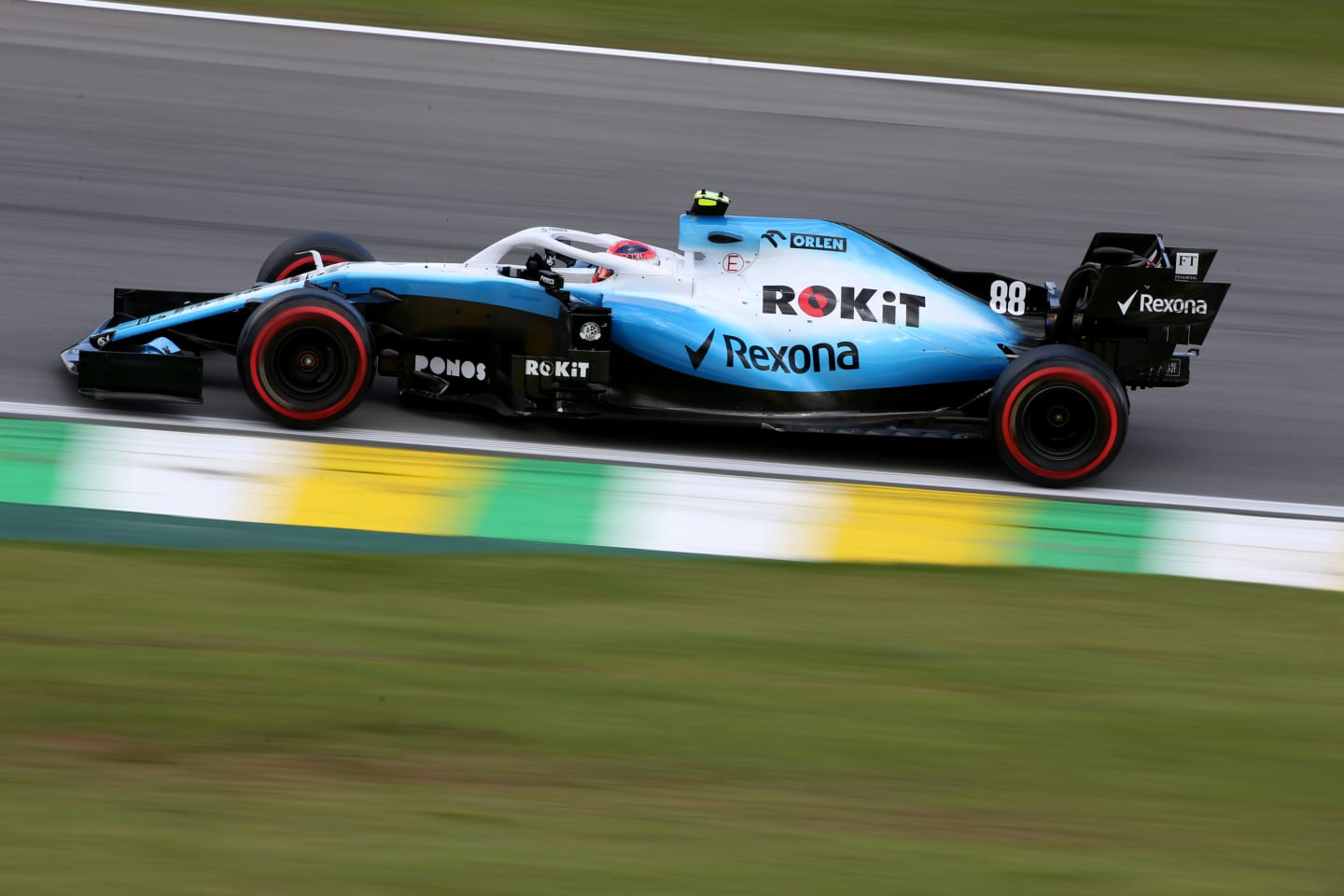 The 2019 Williams FW42 had prominent Rokit branding, but not as much red as the 2020 livery