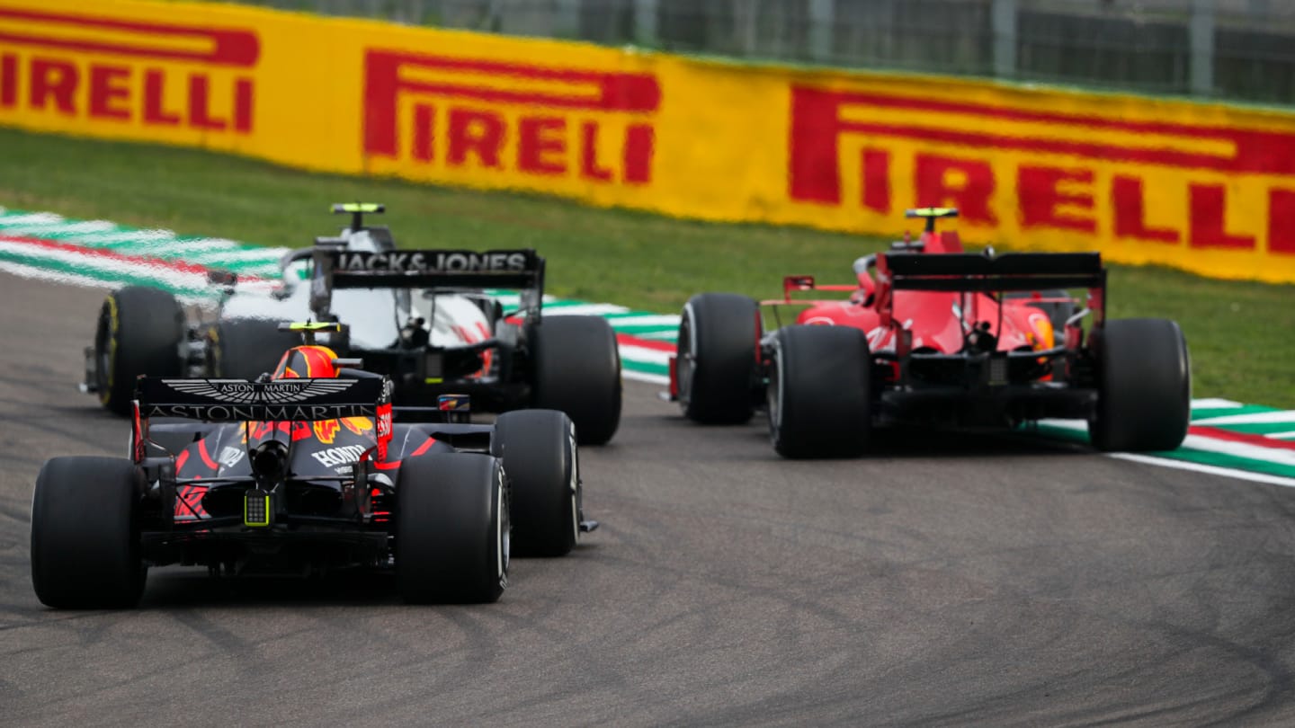 IMOLA, ITALY - NOVEMBER 01: Kevin Magnussen, Haas VF-20, leads Charles Leclerc, Ferrari SF1000, and