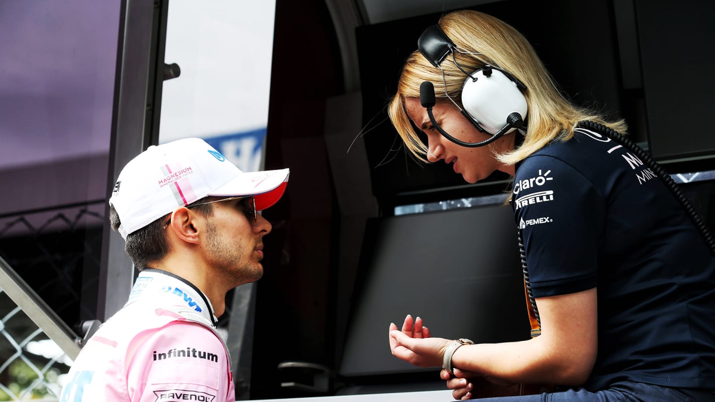 Esteban Ocon (FRA) Racing Point Force India F1 Team with Bernadette Collins (GBR) Racing Point