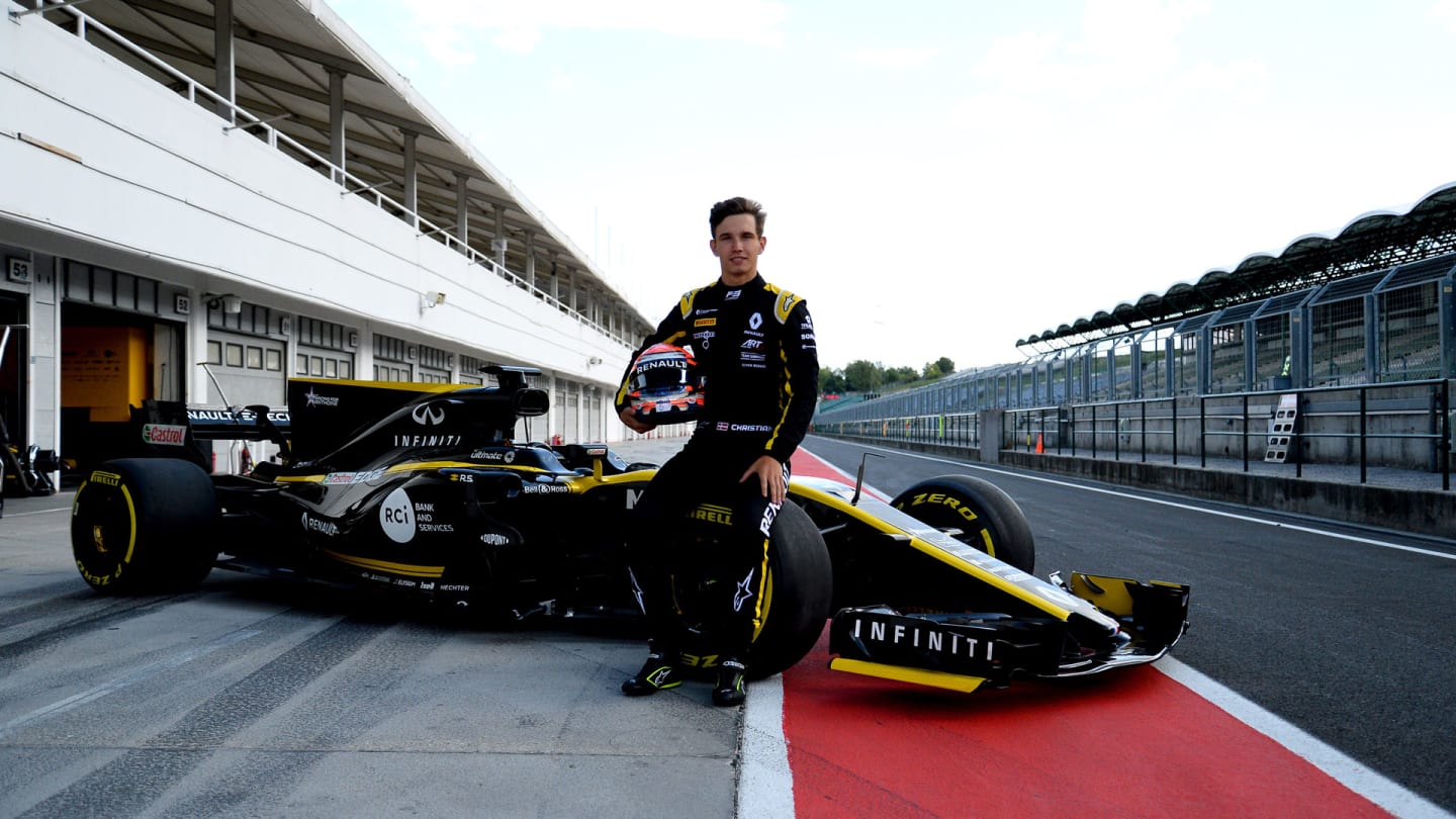 Christian Lundgaard (Renault R.S. 17)  in front of his car during his first Formula 1 test at the