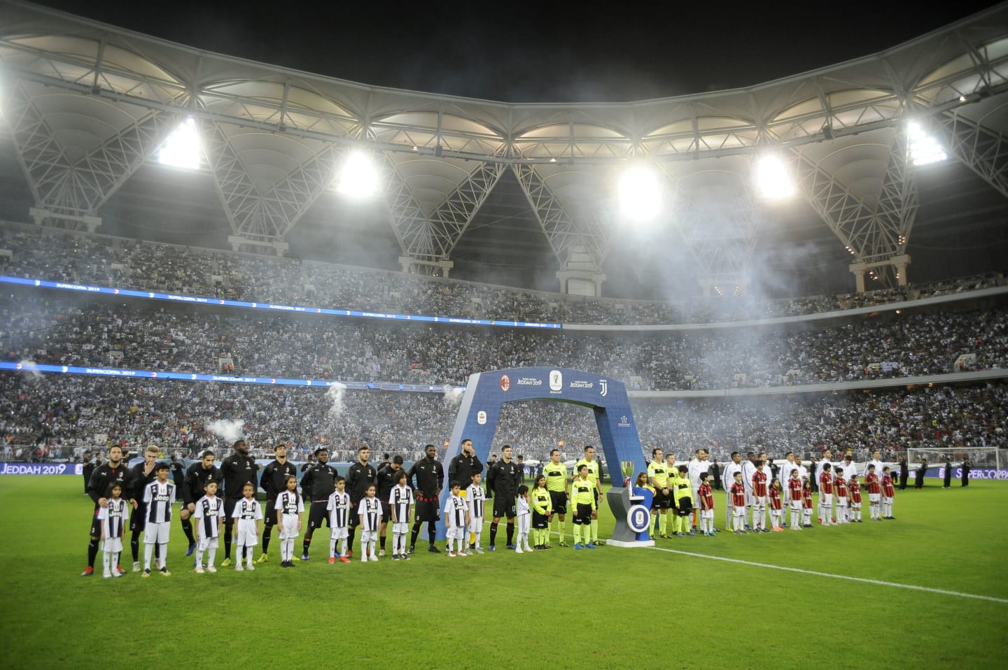 JEDDAH, SAUDI ARABIA - JANUARY 16: Milan and Juventus line up prior to the Italian Supercup match