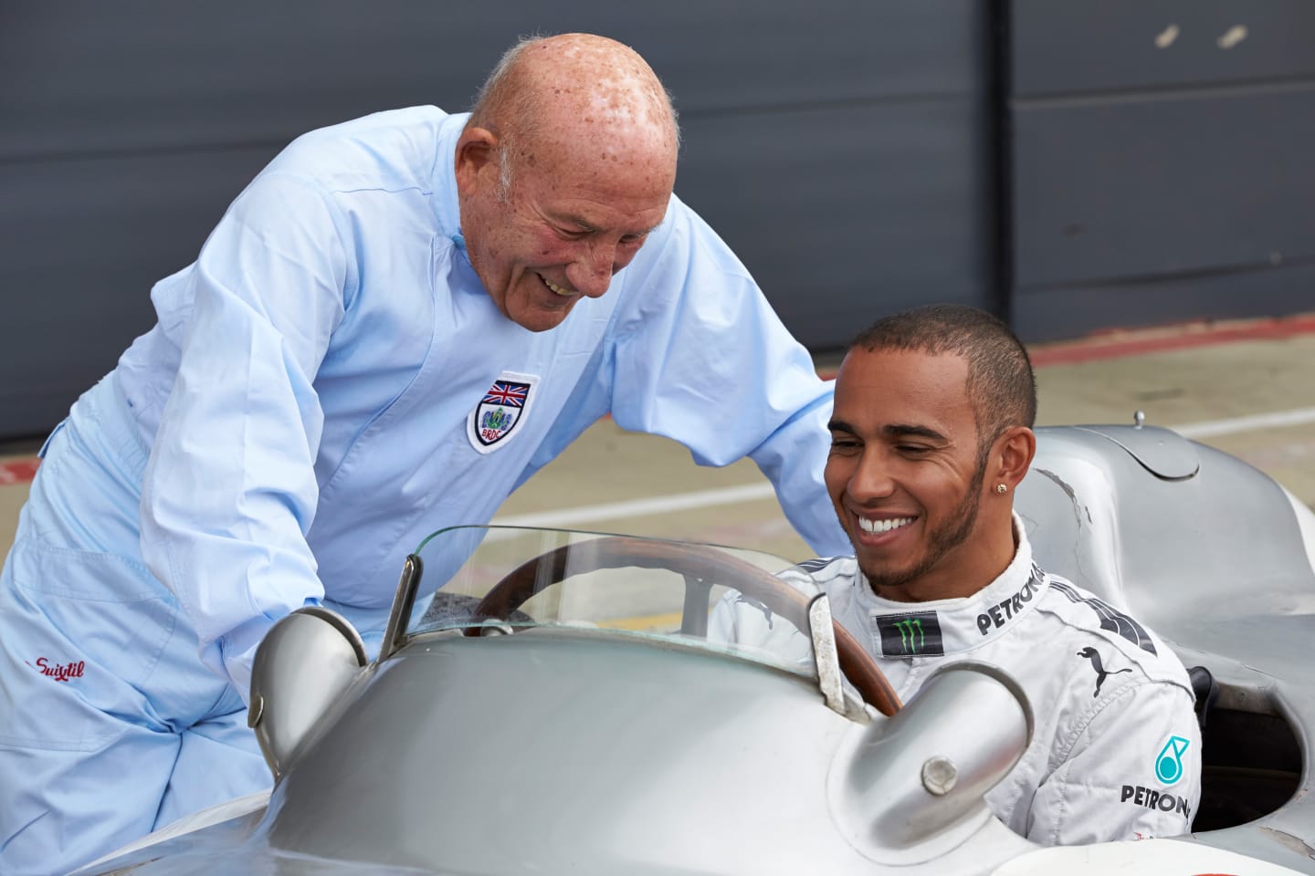 NORTHAMPTON, ENGLAND - MAY 31:  Sir Stirling Moss and Mercedes AMG Petronas F1 driver Lewis