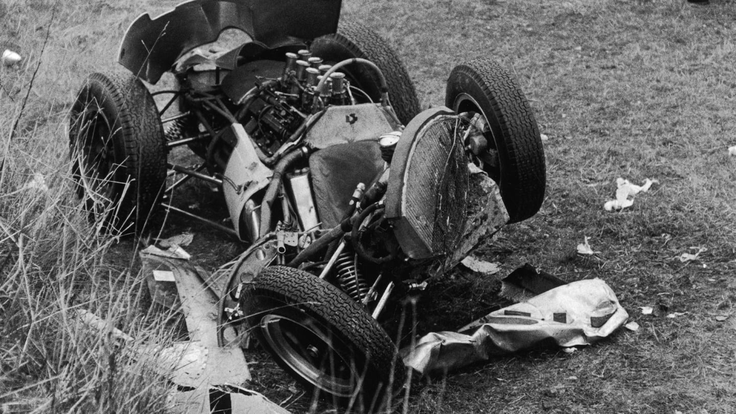 20th April 1962:  The wreckage of the experimental Lotus-Climax V8 driven by British racing driver