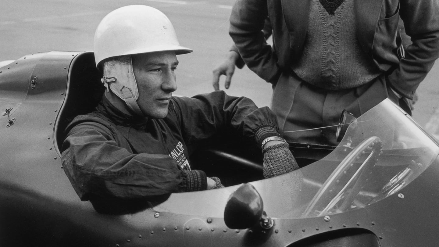 6th May 1959:  British racing driver Stirling Moss at Silverstone racetrack.  (Photo by Evening