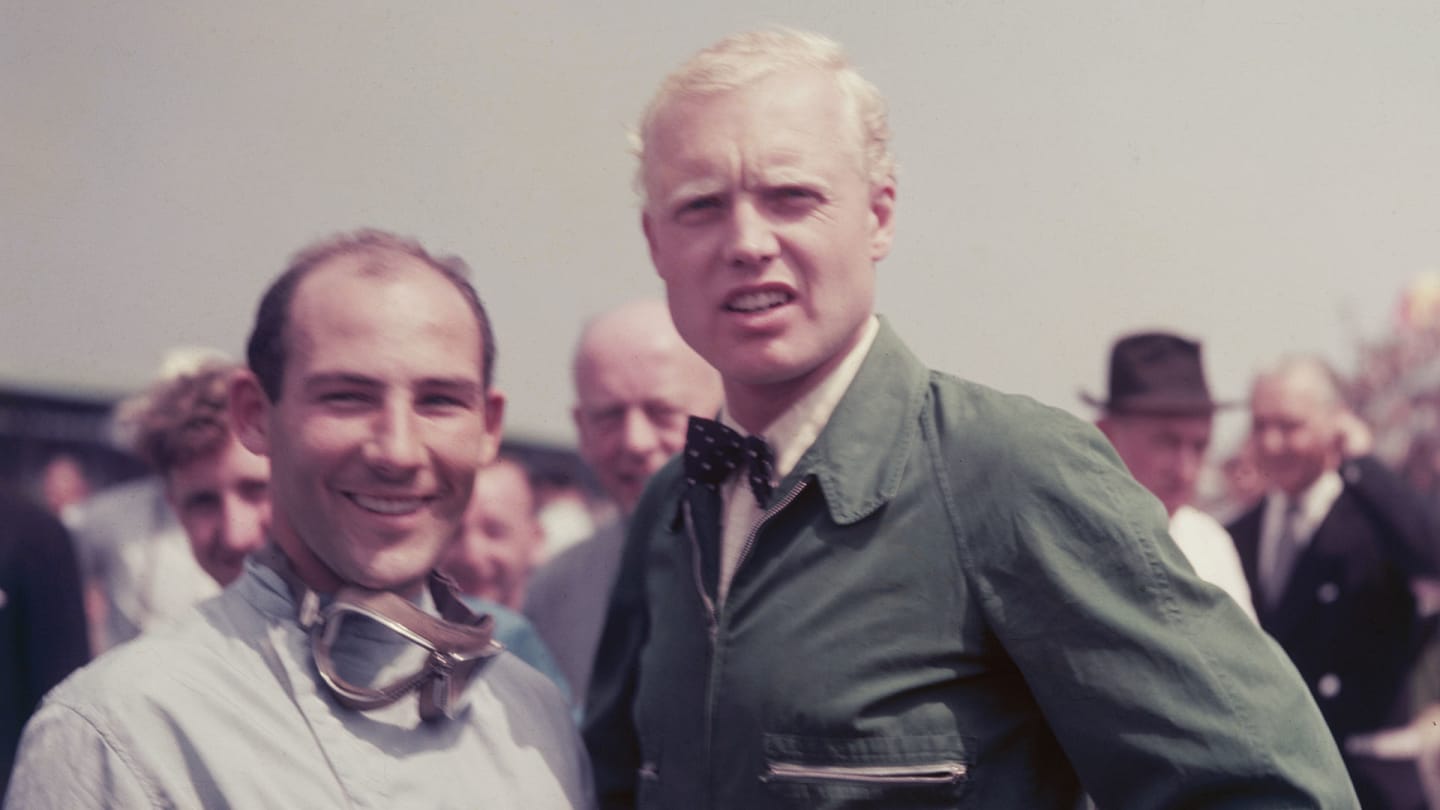 British Racing drivers Stirling Moss, left and Mike Hawthorn (1929 - 1959), at Silverstone for the