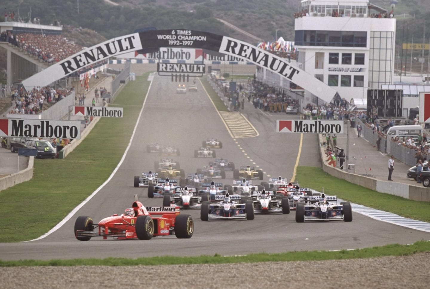 26 Oct 1997:  Michael Schumacher of Germany in his Ferrari leads the European Grand Prix in Jerez,