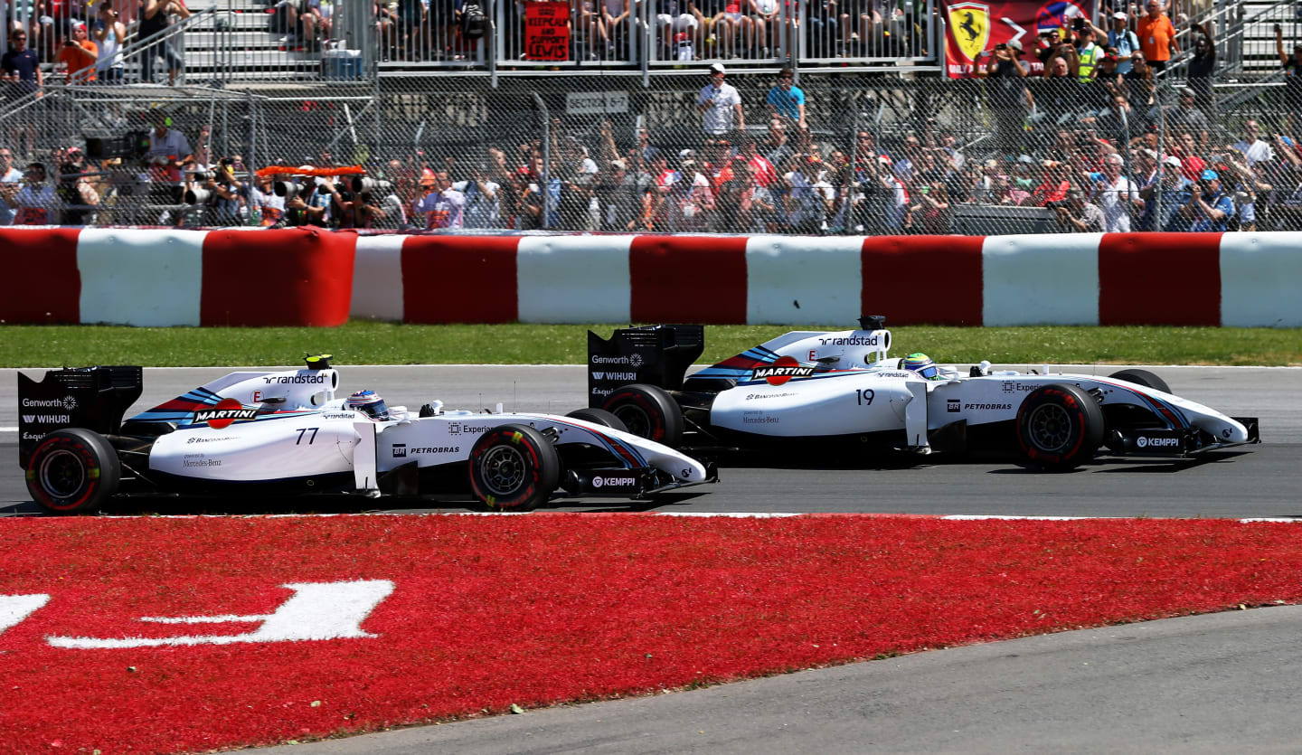 MONTREAL, QC - JUNE 08:  Valtteri Bottas of Finland and Williams leads teamate Felipe Massa of