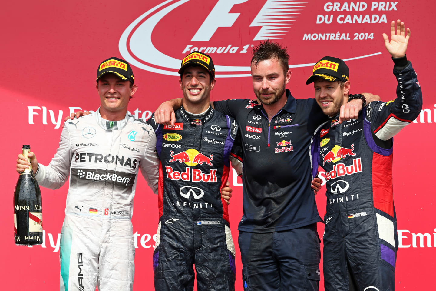 MONTREAL, QC - JUNE 08:  (L-R) Nico Rosberg (2nd place) of Germany and Mercedes GP, Daniel