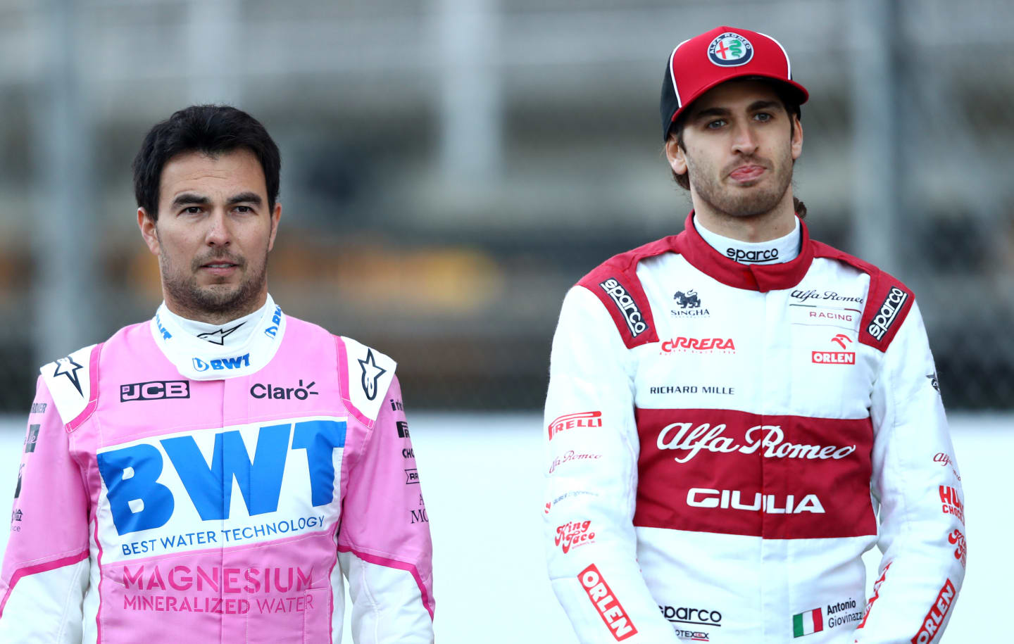 BARCELONA, SPAIN - FEBRUARY 19: Sergio Perez of Mexico and Racing Point and Antonio Giovinazzi of