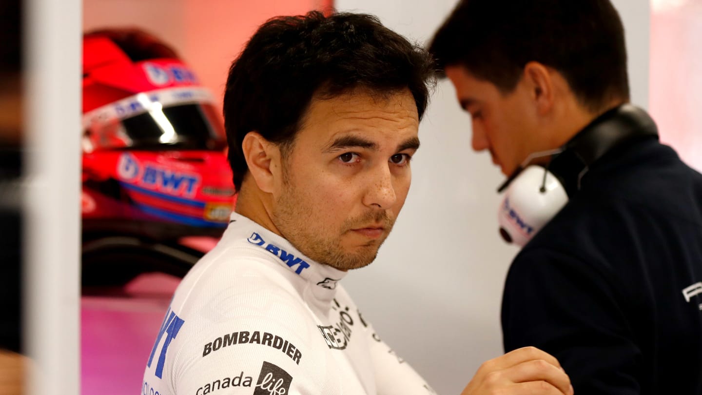 Sergio Perez, Racing Point in the garage before