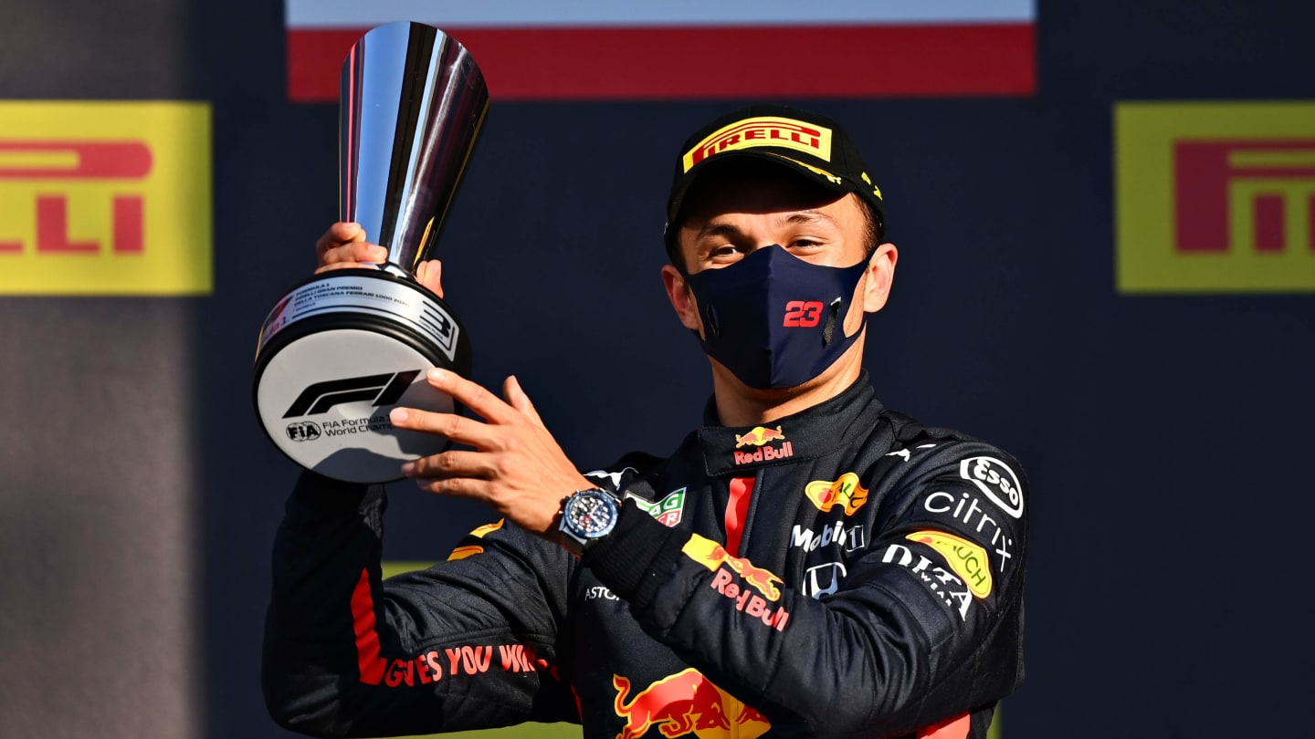 SCARPERIA, ITALY - SEPTEMBER 13: Third placed Alexander Albon of Thailand and Red Bull Racing