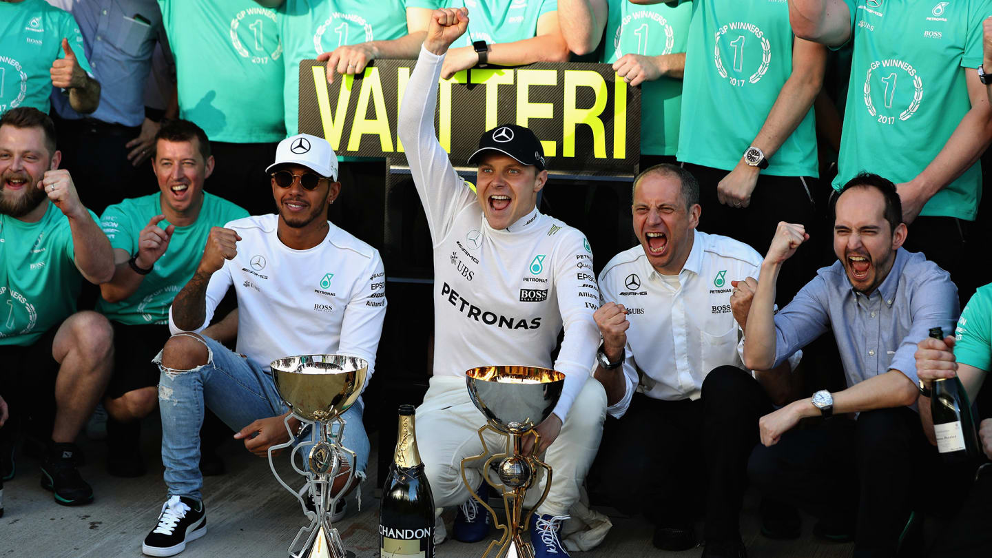 SOCHI, RUSSIA - APRIL 30: Race winner Valtteri Bottas of Finland and Mercedes GP, celebrates his