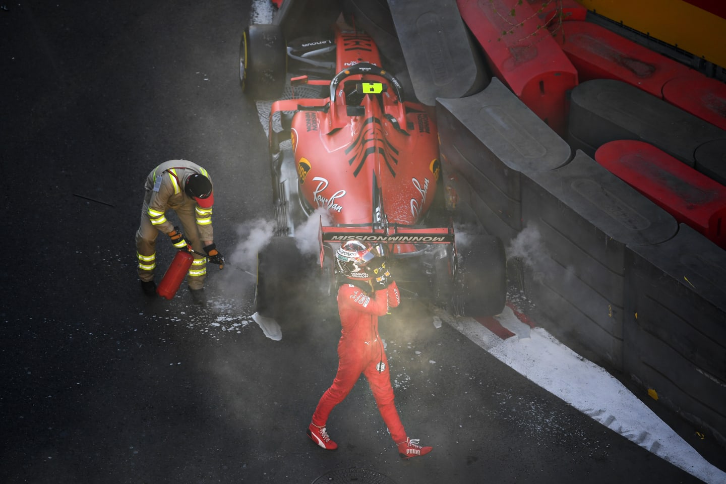 BAKU, AZERBAIJAN - APRIL 27: Charles Leclerc of Monaco and Ferrari walks from his car after