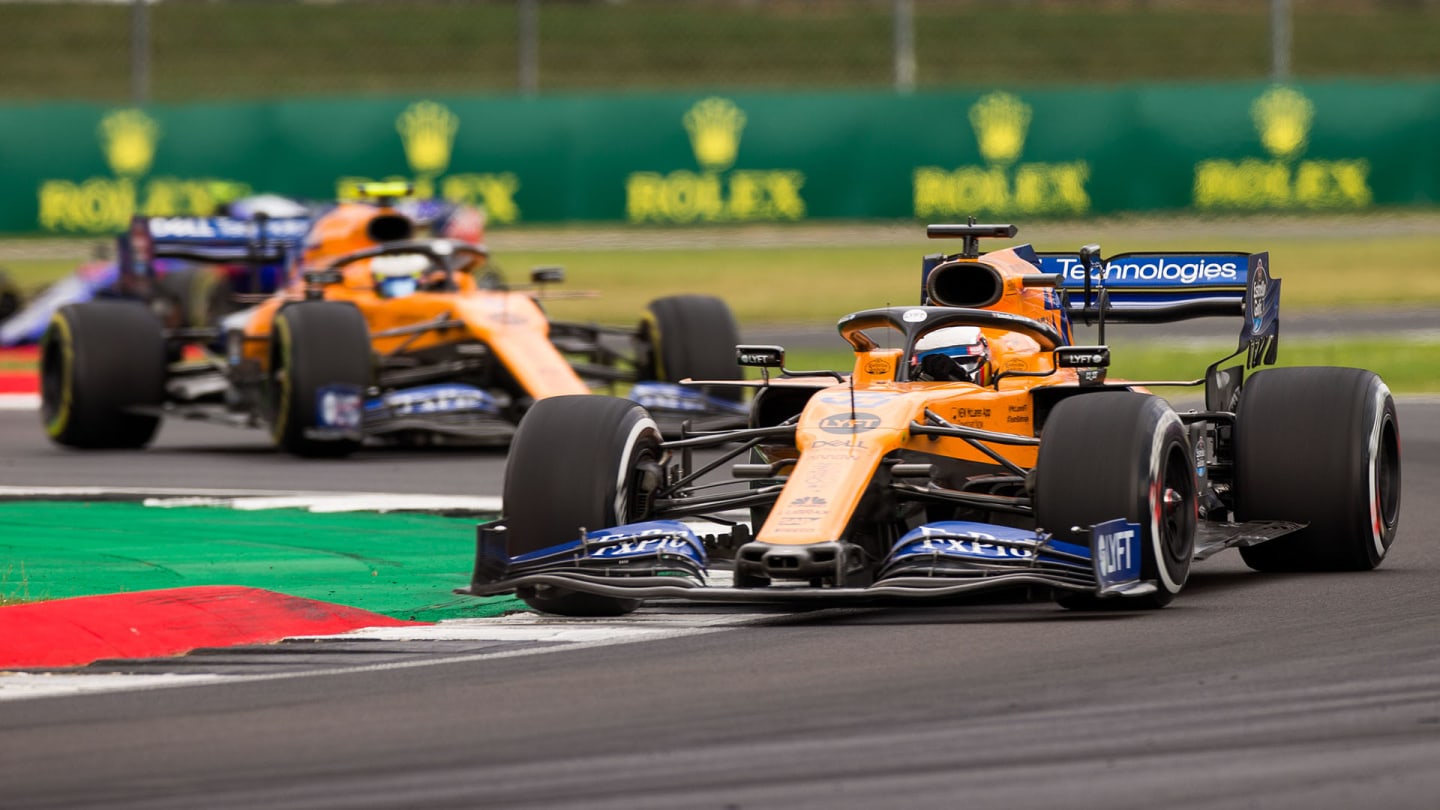 NORTHAMPTON, ENGLAND - JULY 14: Carlos Sainz of Scuderia Renault and Spain and Lando Norris of