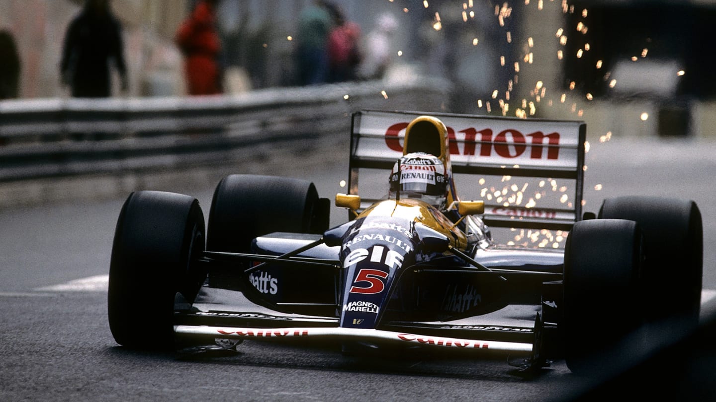 Nigel Mansell, Williams-Renault FW14B, Grand Prix of Monaco, Circuit de Monaco, 31 May 1992. Sparks