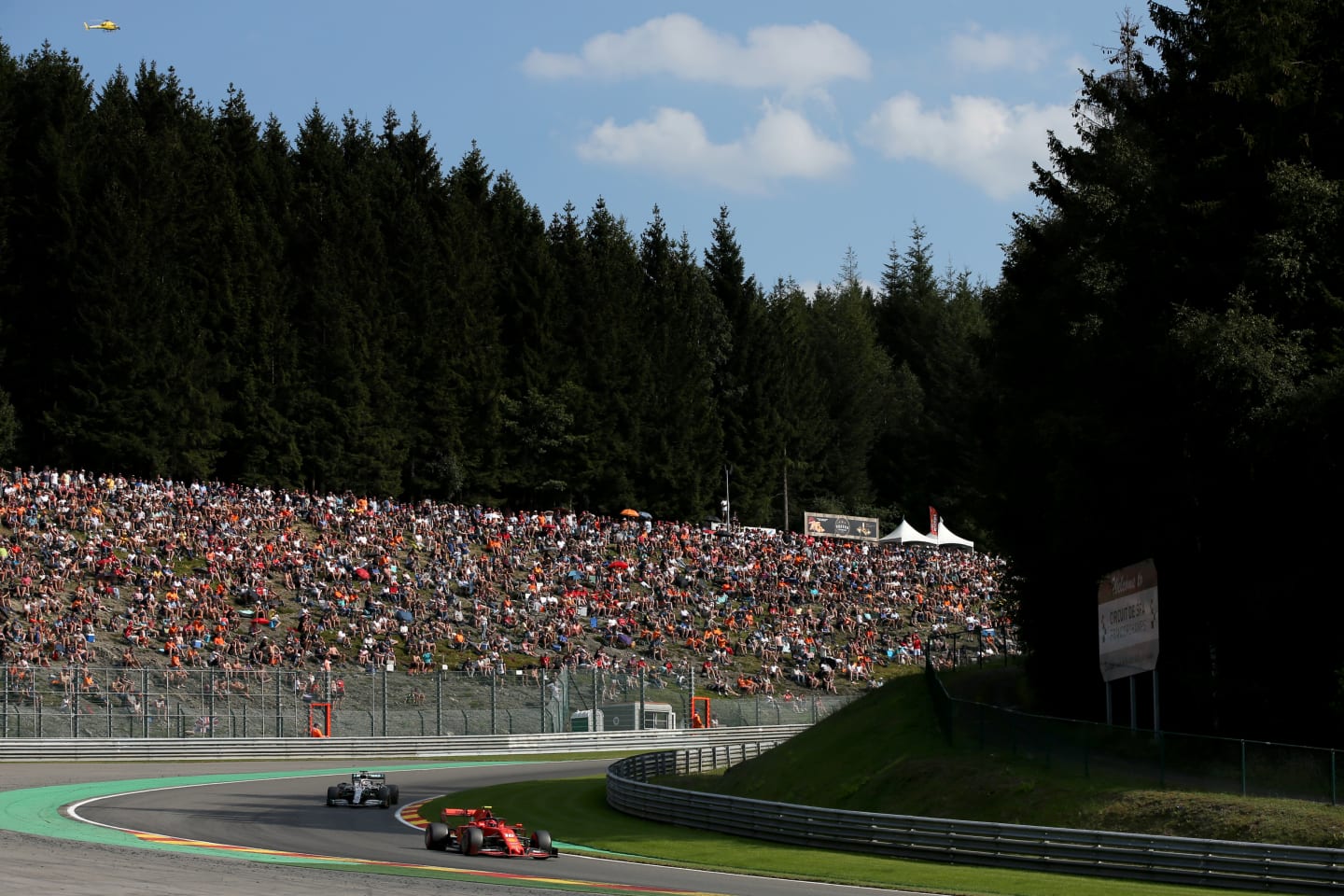 SPA, BELGIUM - AUGUST 31: Charles Leclerc of Monaco driving the (16) Scuderia Ferrari SF90 leads