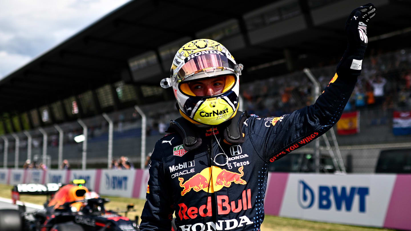 SPIELBERG, AUSTRIA - JULY 03: Pole position qualifier Max Verstappen of Netherlands and Red Bull Racing celebrates in parc ferme during qualifying ahead of the F1 Grand Prix of Austria at Red Bull Ring on July 03, 2021 in Spielberg, Austria. (Photo by Christian Bruna - Pool/Getty Images)
