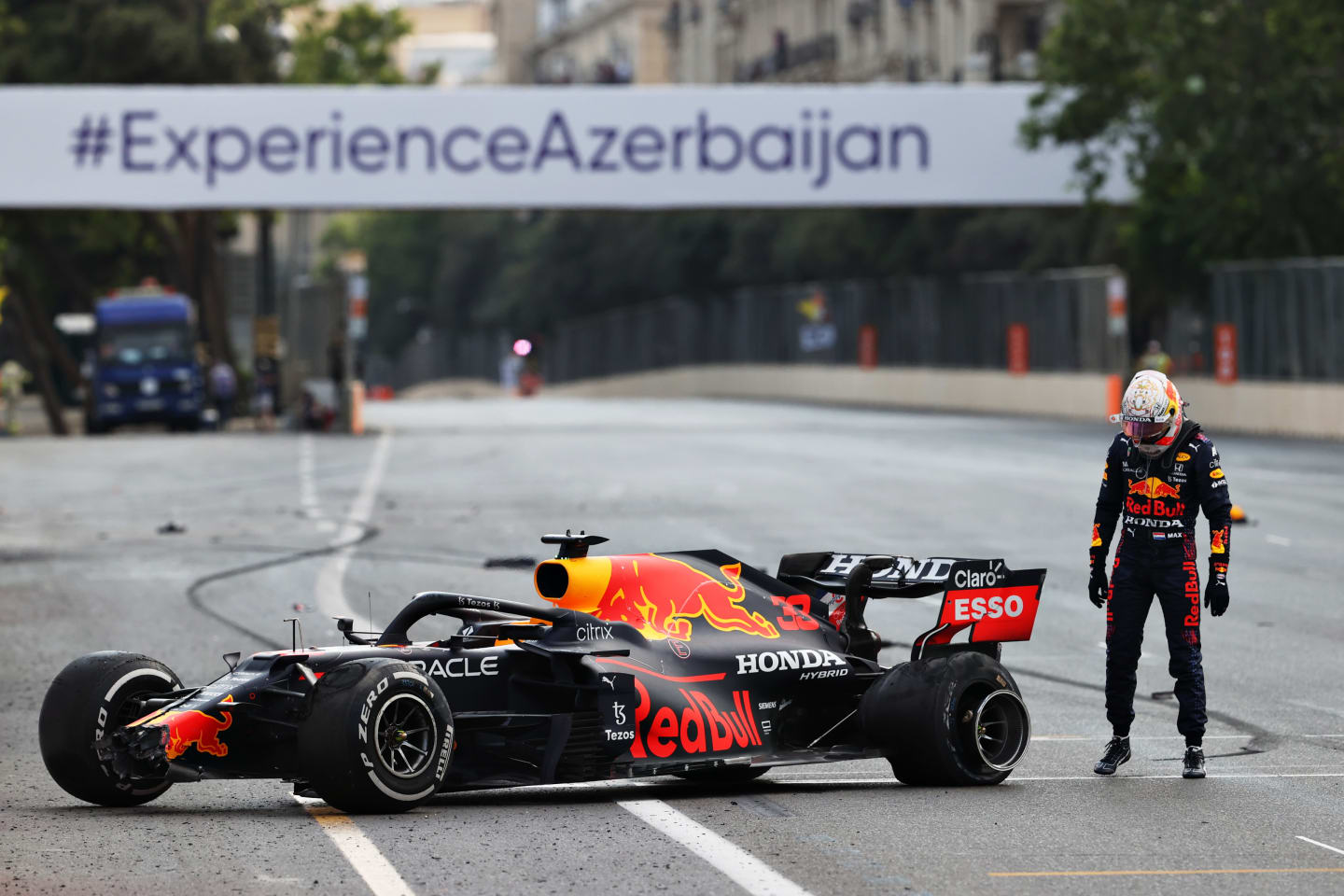 BAKU, AZERBAIJAN - JUNE 06: Max Verstappen of Netherlands and Red Bull Racing reacts after crashing