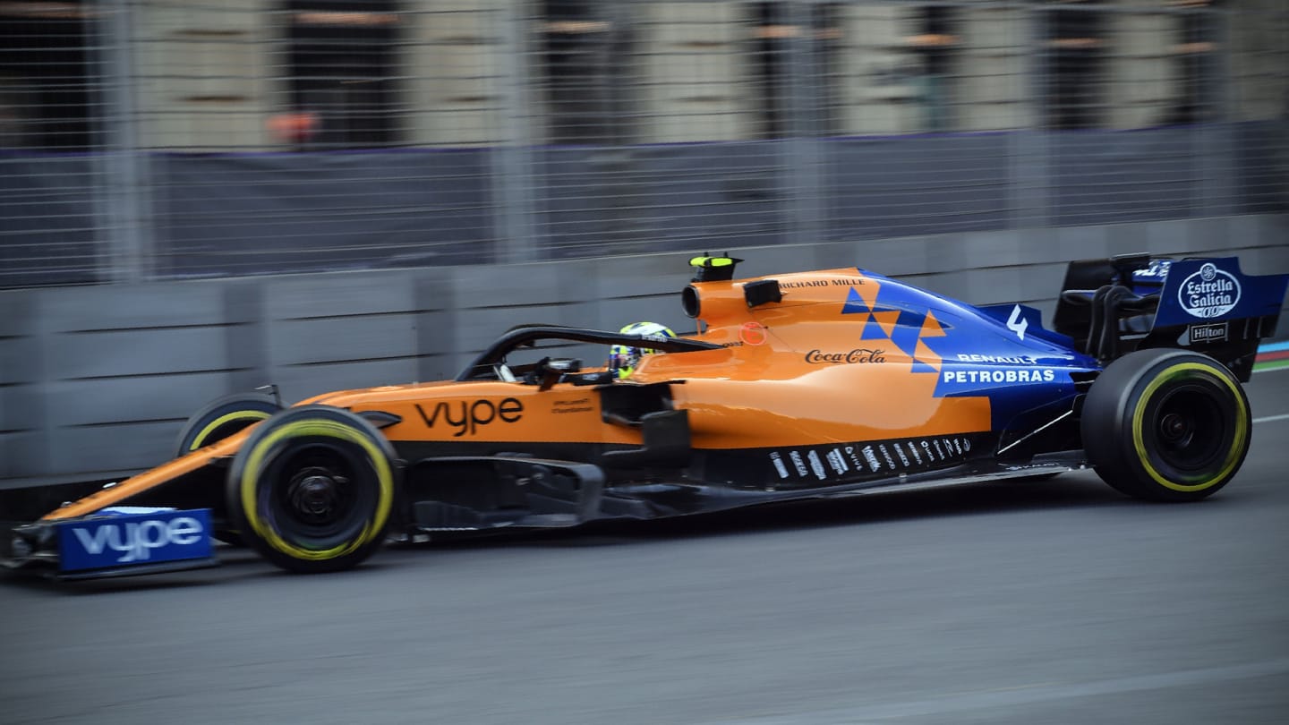McLaren's British driver Lando Norris steers his car during the second practice session ahead of