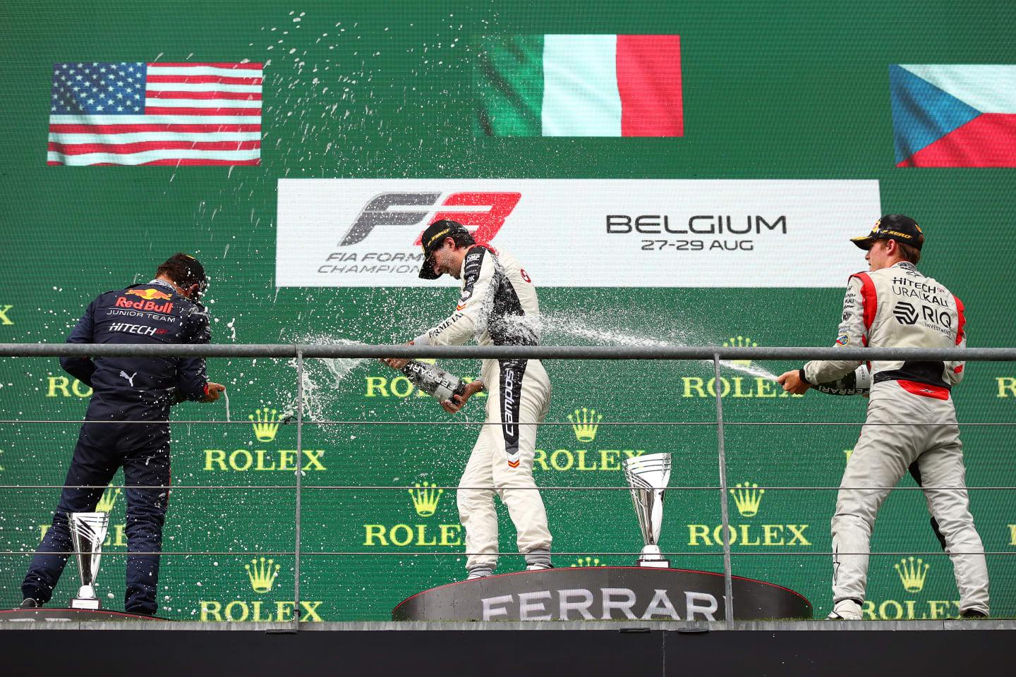 SPA, BELGIUM - AUGUST 28: Race winner Lorenzo Colombo of Italy and Campos Racing, second placed Jak
