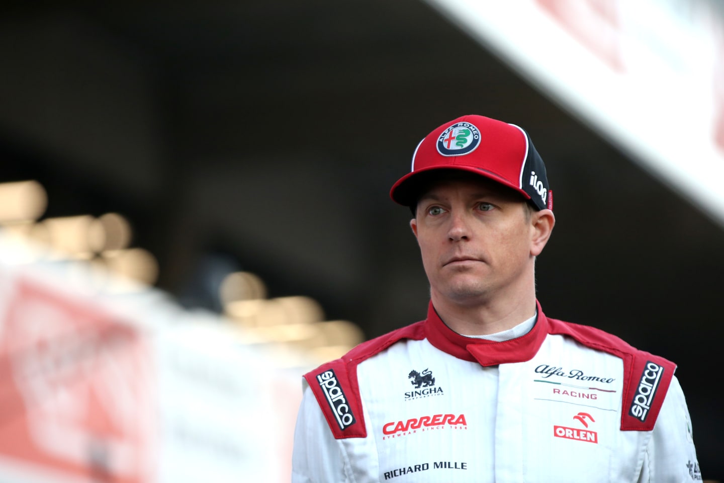 BARCELONA, SPAIN - FEBRUARY 19: Kimi Raikkonen of Finland and Alfa Romeo Racing looks on at the