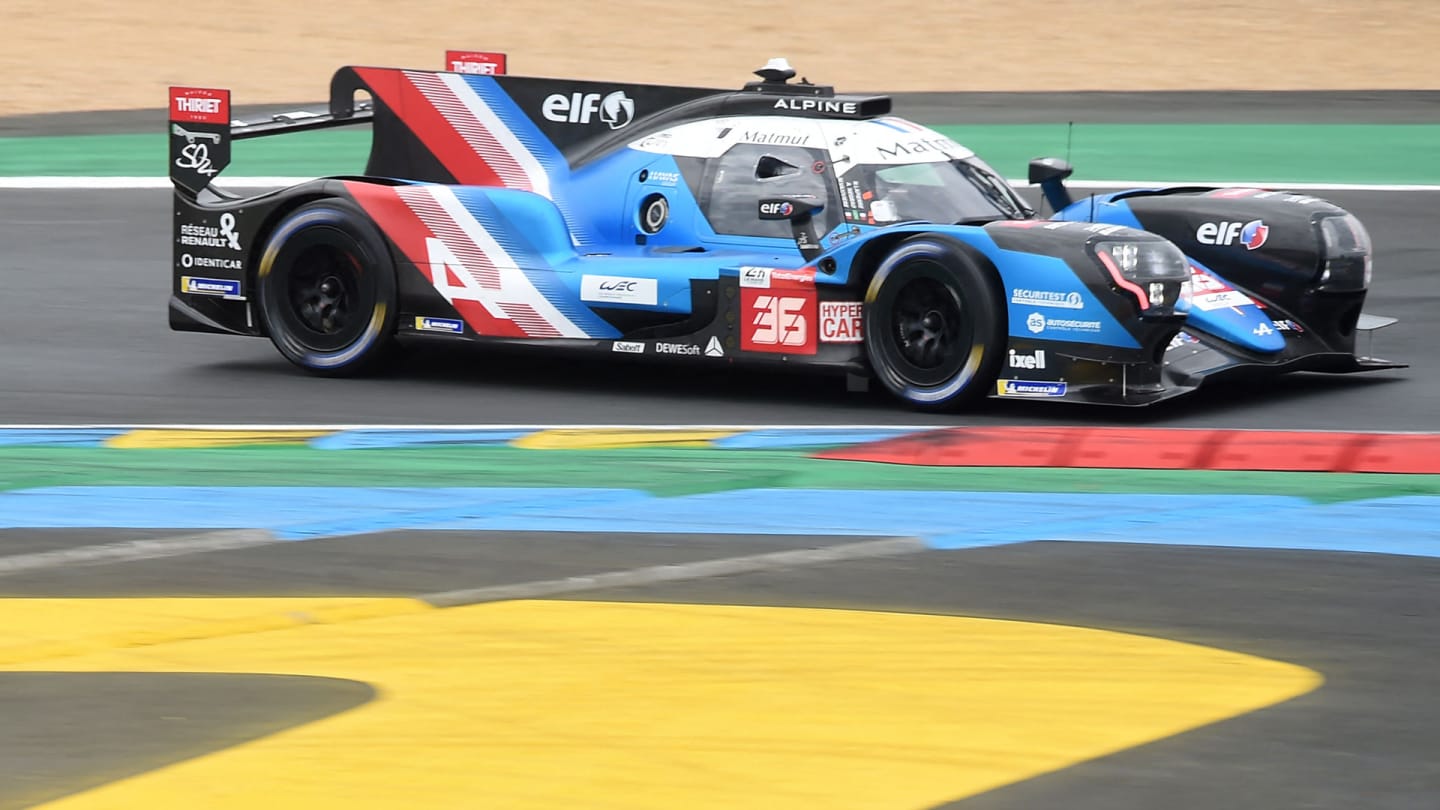 Alpine A480 Gibson Hypercar WEC's French driver Nicolas Lapierre steers his car during the warm-up