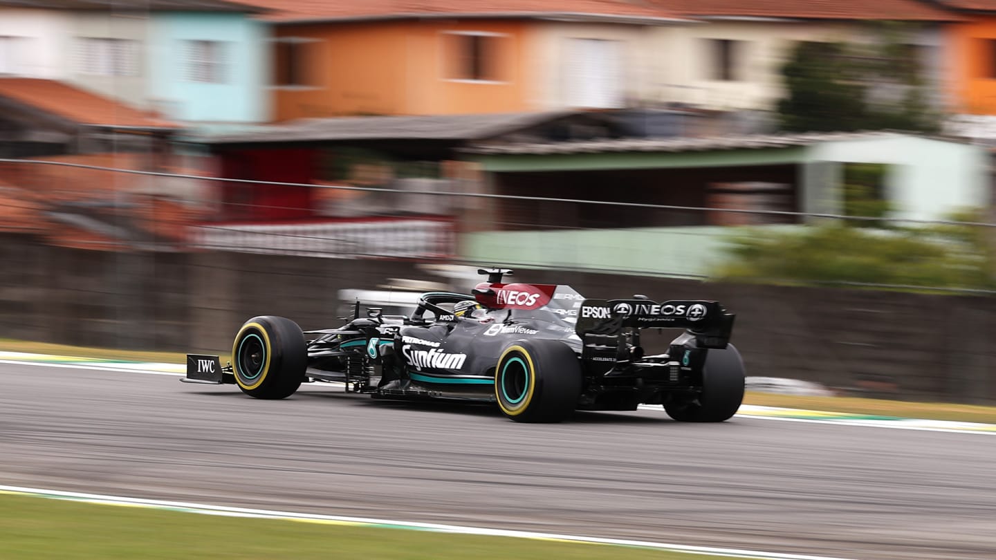 SAO PAULO, BRAZIL - NOVEMBER 12: Lewis Hamilton of Great Britain driving the (44) Mercedes AMG