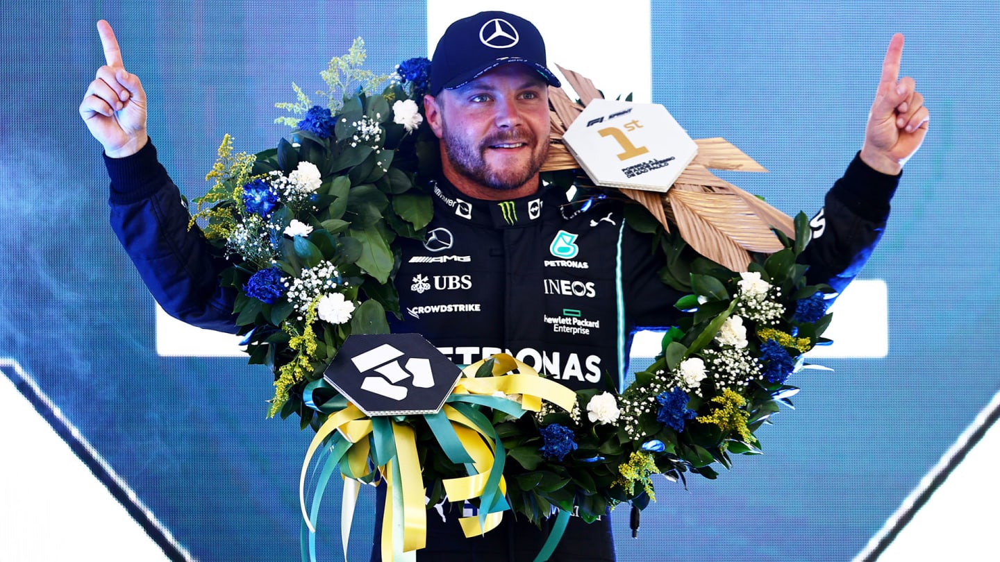 SAO PAULO, BRAZIL - NOVEMBER 13: Sprint winner Valtteri Bottas of Finland and Mercedes GP