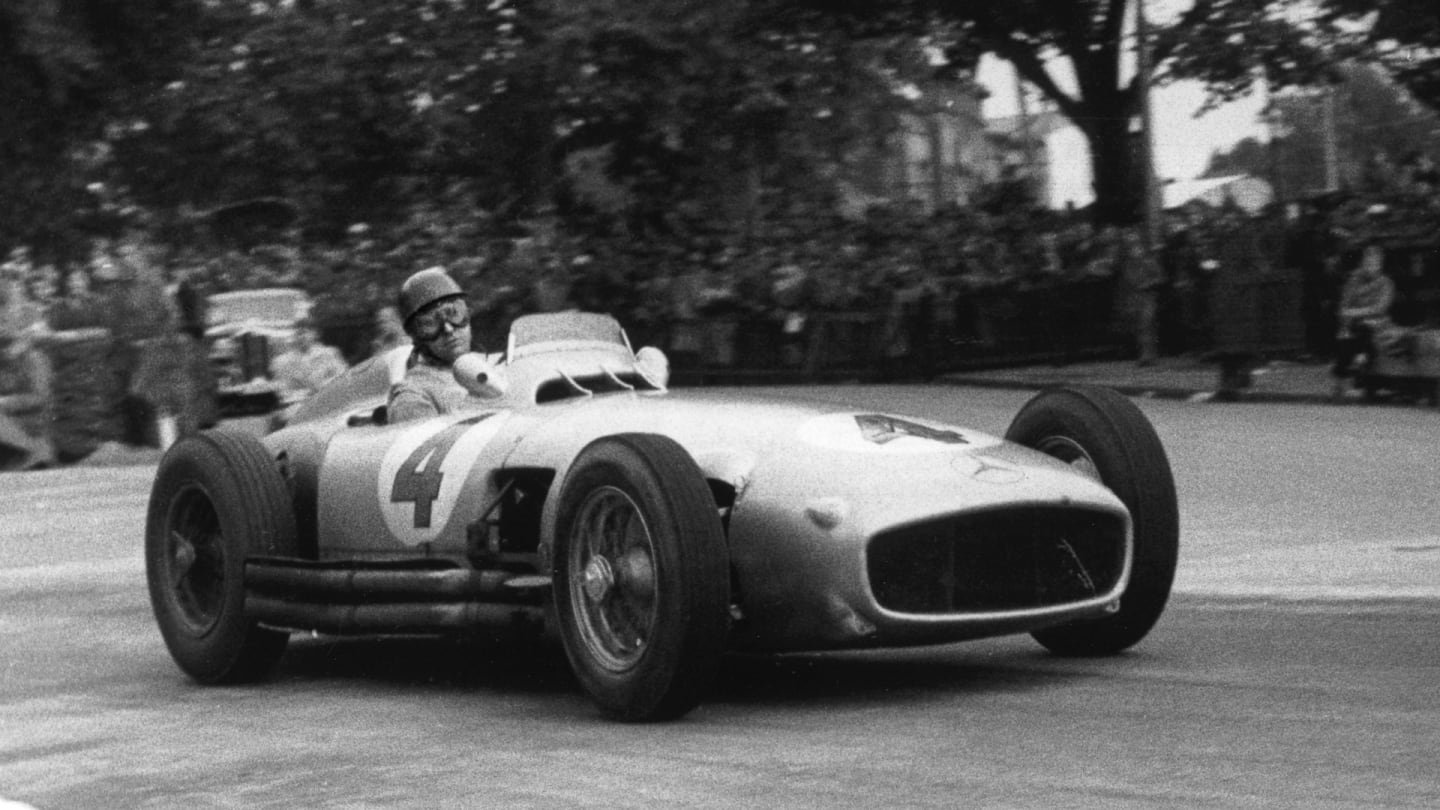 Fangio at Bremgarten, 1954. The W196 chassis #6 also donned #18 at his hands in the 1954 German GP