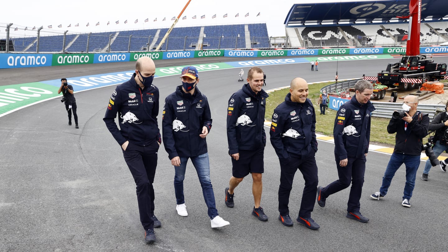 Max Verstappen (Red Bull Racing, 2ndL) is seen during a trackwalk at Zandvoort, ahead of the