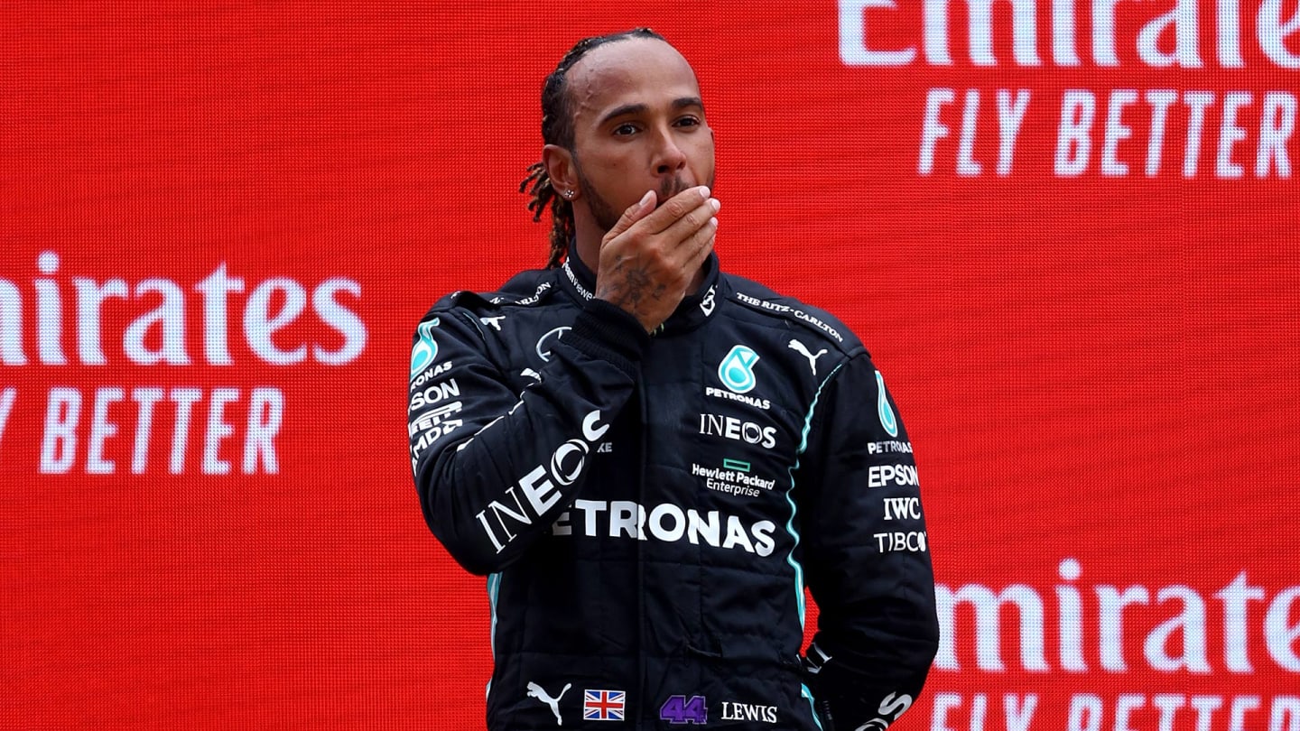 LE CASTELLET, FRANCE - JUNE 20: Second placed Lewis Hamilton of Great Britain and Mercedes GP celebrates on the podium during the F1 Grand Prix of France at Circuit Paul Ricard on June 20, 2021 in Le Castellet, France. (Photo by Bryn Lennon - Formula 1/Formula 1 via Getty Images)

