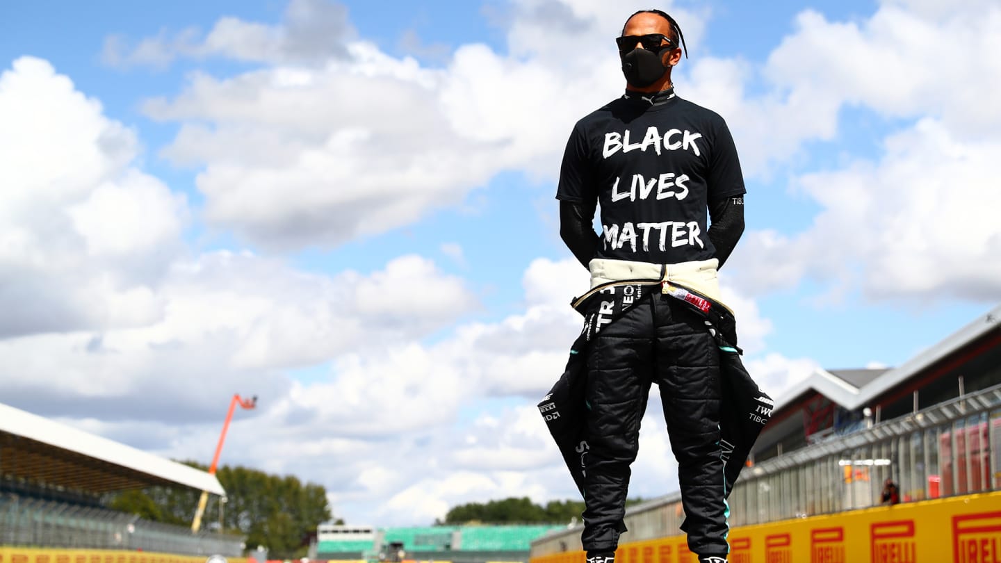 NORTHAMPTON, ENGLAND - AUGUST 02: Lewis Hamilton of Great Britain and Mercedes GP wears a t-shirt