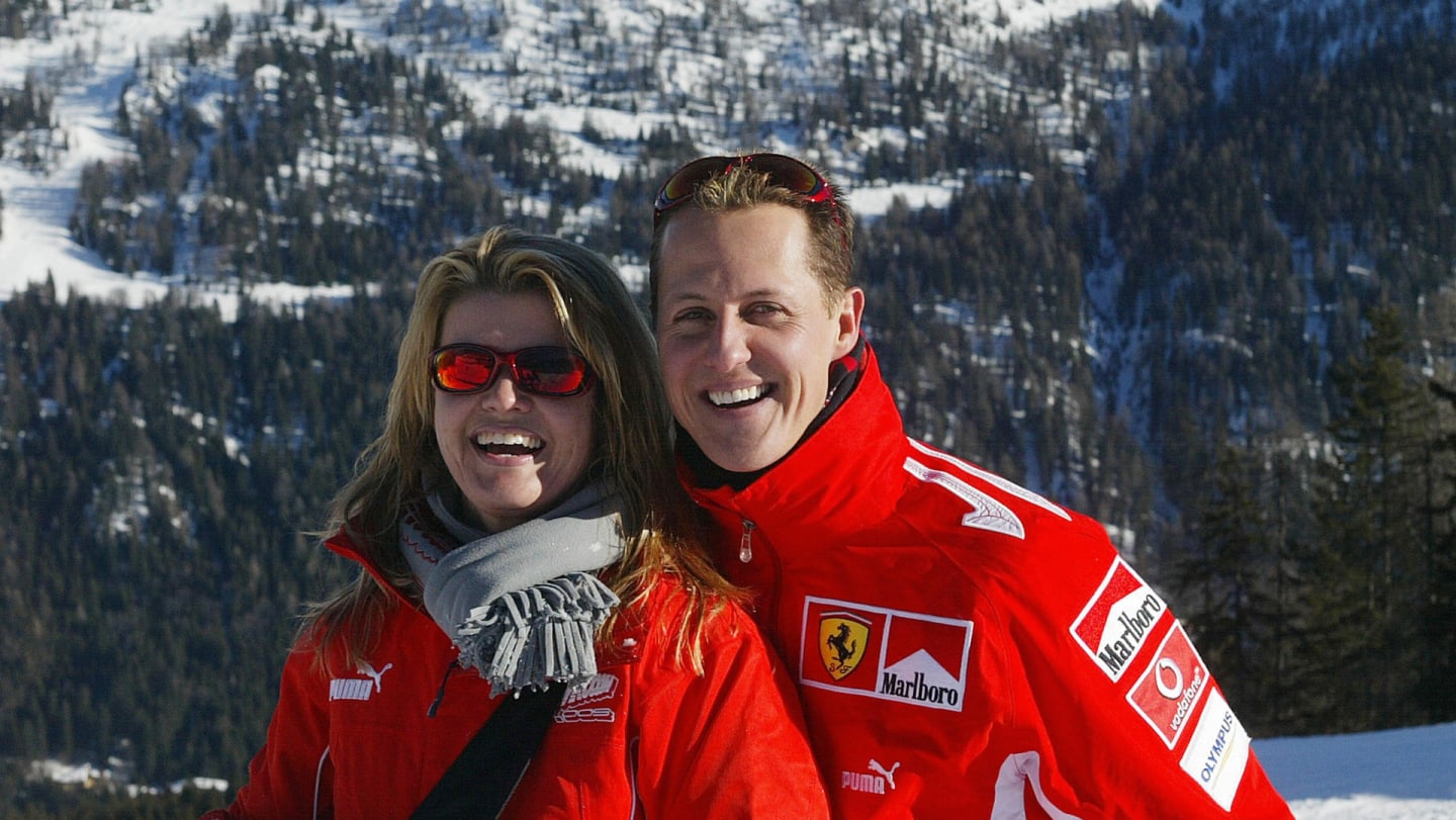 MADONNA DI CAMPIGLIO, ITALY:  German Formula 1 driver Michael Schumacher poses with his wife