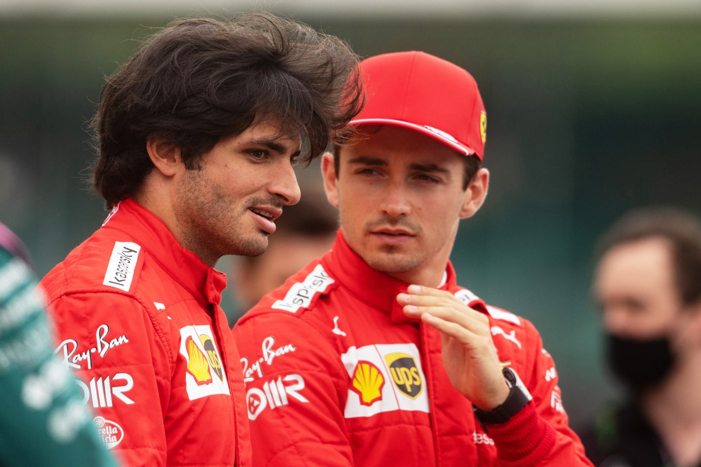 NORTHAMPTON, ENGLAND - JULY 15: Carlos Sainz of Spain and Ferrari and Charles Leclerc of Monaco and