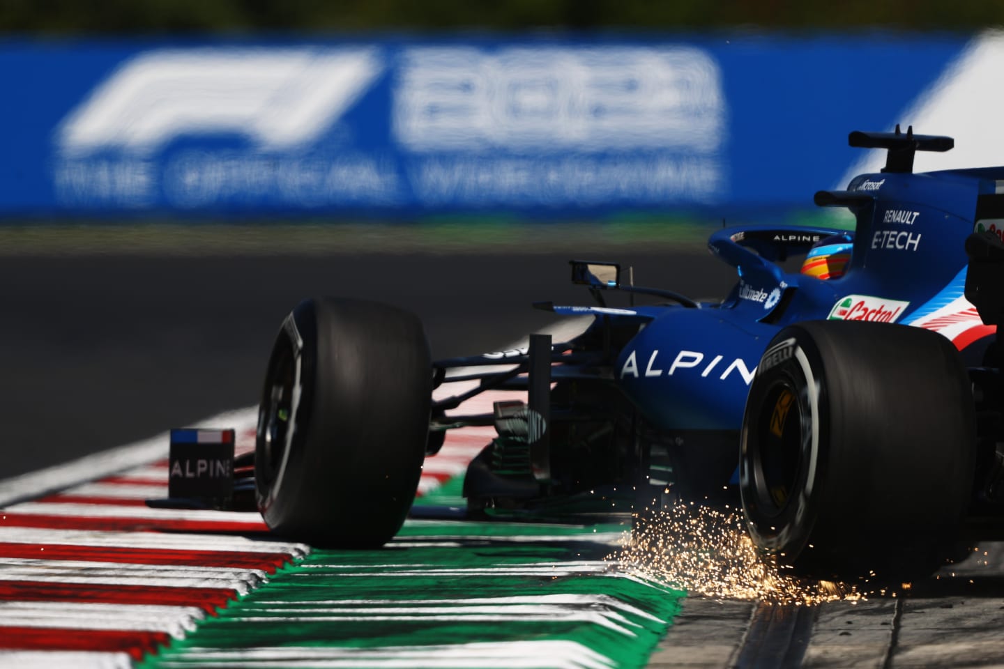 BUDAPEST, HUNGARY - JULY 30: Fernando Alonso of Spain driving the (14) Alpine A521 Renault spins