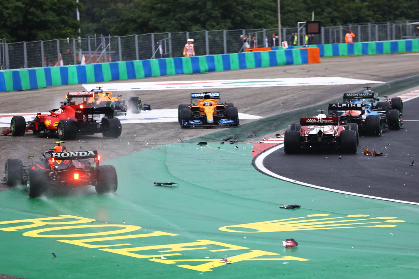 BUDAPEST, HUNGARY - AUGUST 01: A general view of the crash at the start during the F1 Grand Prix of