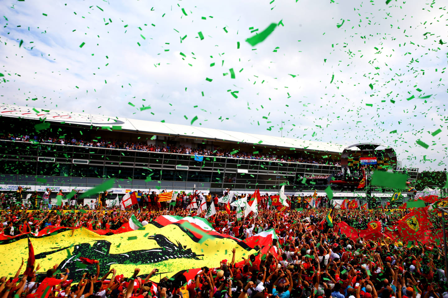 MONZA, ITALY - SEPTEMBER 08:  General view of the podium celebrations as Sebastian Vettel of