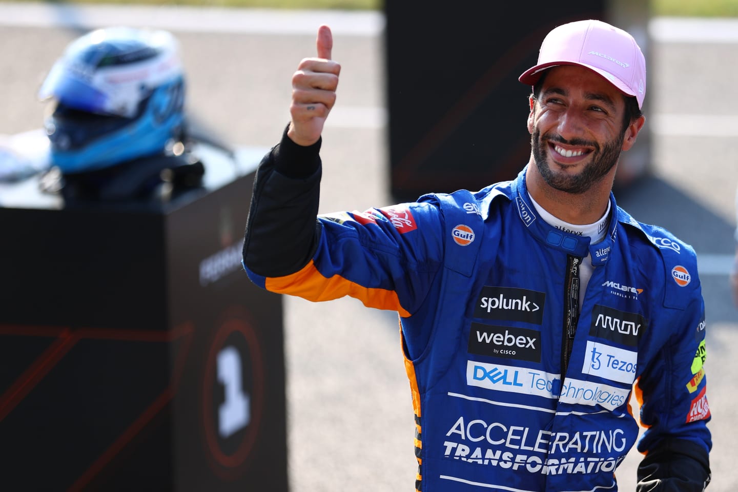 MONZA, ITALY - SEPTEMBER 11: Third place finisher Daniel Ricciardo of Australia and McLaren F1 celebrates in parc ferme during the Sprint ahead of the F1 Grand Prix of Italy at Autodromo di Monza on September 11, 2021 in Monza, Italy. (Photo by Bryn Lennon/Getty Images)