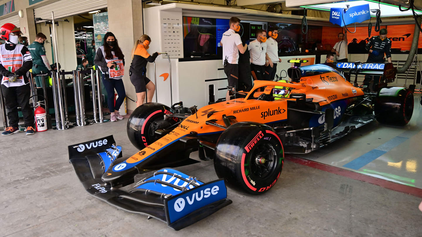 McLaren's British driver Lando Norris pulls out of the garage during the first practice session at Hermanos Rodriguez racetrack in Mexico City, on November 5, 2021, ahead of the Formula One Mexico Grand Prix. (Photo by PEDRO PARDO / AFP) (Photo by PEDRO PARDO/AFP via Getty Images)
