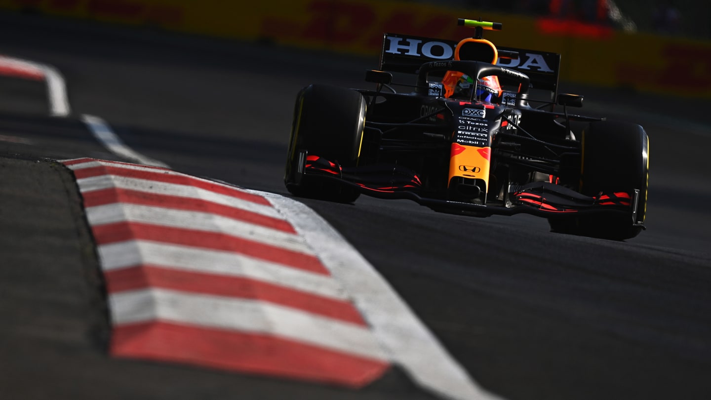 MEXICO CITY, MEXICO - NOVEMBER 05: Sergio Perez of Mexico driving the (11) Red Bull Racing RB16B