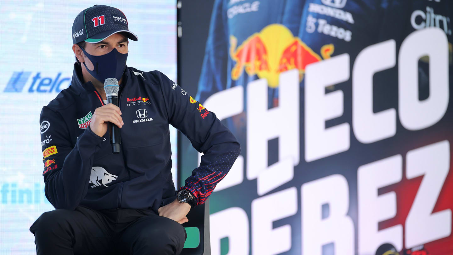MEXICO CITY, MEXICO - NOVEMBER 02: Sergio Perez of Mexico and Red Bull Racing speaks during a press