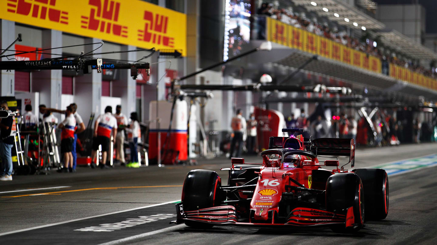 DOHA, QATAR - NOVEMBER 20: Charles Leclerc of Monaco driving the (16) Scuderia Ferrari SF21 in the Pitlane during qualifying ahead of the F1 Grand Prix of Qatar at Losail International Circuit on November 20, 2021 in Doha, Qatar. (Photo by Hamad I Mohammed - Pool/Getty Images)
