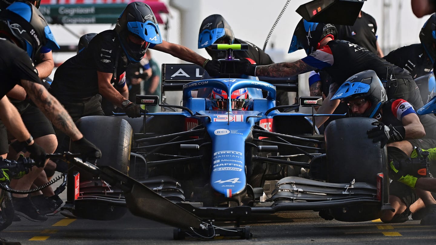 Alpine's French driver Esteban Ocon pits during the third practice session ahead of the Qatari