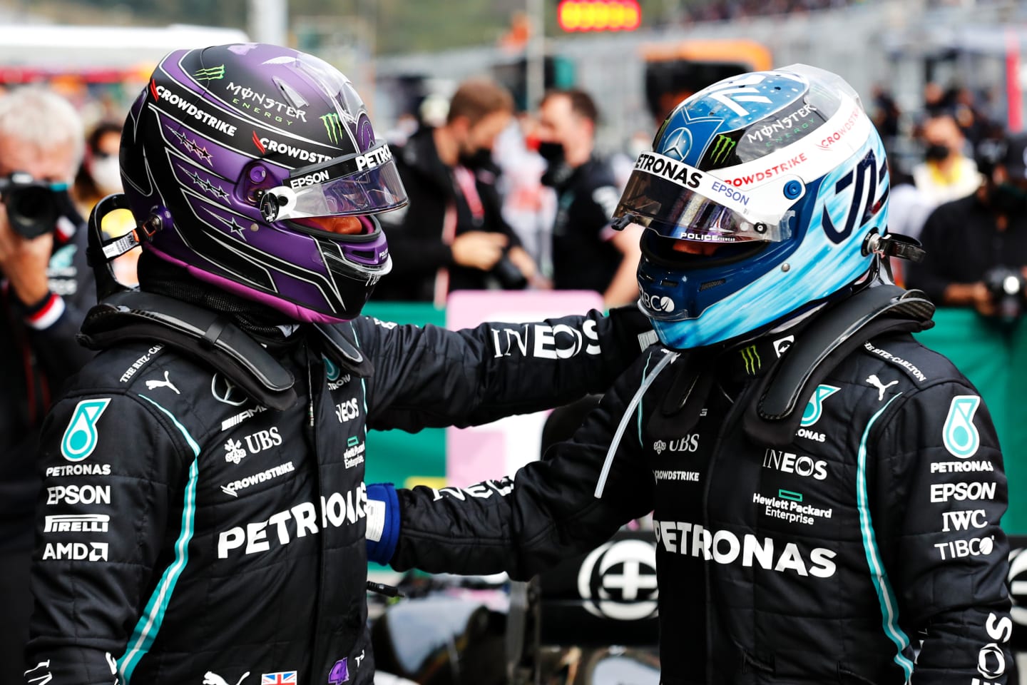 ISTANBUL, TURKEY - OCTOBER 09: Pole position qualifier Lewis Hamilton of Great Britain and Mercedes